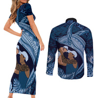 Father's Day Polynesian Pattern Couples Matching Short Sleeve Bodycon Dress and Long Sleeve Button Shirt Tropical Humpback Whale - Navy LT7 - Polynesian Pride