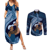 Father's Day Polynesian Pattern Couples Matching Summer Maxi Dress and Long Sleeve Button Shirt Tropical Humpback Whale - Navy LT7 Navy Blue - Polynesian Pride