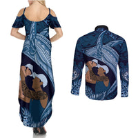 Father's Day Polynesian Pattern Couples Matching Summer Maxi Dress and Long Sleeve Button Shirt Tropical Humpback Whale - Navy LT7 - Polynesian Pride
