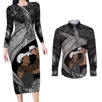 Father's Day Polynesian Pattern Couples Matching Long Sleeve Bodycon Dress and Long Sleeve Button Shirt Tropical Humpback Whale - Black LT7 Black - Polynesian Pride