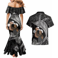 Father's Day Polynesian Pattern Couples Matching Mermaid Dress and Hawaiian Shirt Tropical Humpback Whale - Black LT7 - Polynesian Pride