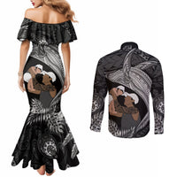 Father's Day Polynesian Pattern Couples Matching Mermaid Dress and Long Sleeve Button Shirt Tropical Humpback Whale - Black LT7 - Polynesian Pride