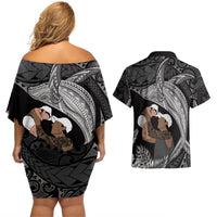 Father's Day Polynesian Pattern Couples Matching Off Shoulder Short Dress and Hawaiian Shirt Tropical Humpback Whale - Black LT7 - Polynesian Pride