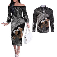 Father's Day Polynesian Pattern Couples Matching Off The Shoulder Long Sleeve Dress and Long Sleeve Button Shirt Tropical Humpback Whale - Black