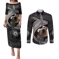 Father's Day Polynesian Pattern Couples Matching Puletasi and Long Sleeve Button Shirt Tropical Humpback Whale - Black LT7 Black - Polynesian Pride