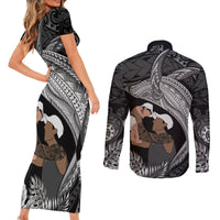 Father's Day Polynesian Pattern Couples Matching Short Sleeve Bodycon Dress and Long Sleeve Button Shirt Tropical Humpback Whale - Black LT7 - Polynesian Pride