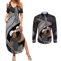 Father's Day Polynesian Pattern Couples Matching Summer Maxi Dress and Long Sleeve Button Shirt Tropical Humpback Whale - Black LT7 Black - Polynesian Pride
