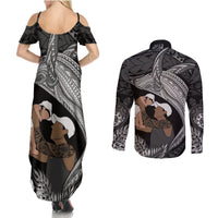 Father's Day Polynesian Pattern Couples Matching Summer Maxi Dress and Long Sleeve Button Shirt Tropical Humpback Whale - Black LT7 - Polynesian Pride