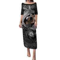 Father's Day Polynesian Pattern Family Matching Puletasi and Hawaiian Shirt Tropical Humpback Whale - Black LT7 Mom's Dress Black - Polynesian Pride