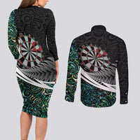 Personalized NZ Darts Couples Matching Long Sleeve Bodycon Dress and Long Sleeve Button Shirt Paua Shell Maori Koru Whakairo LT7 - Polynesian Pride