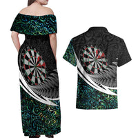 Personalized NZ Darts Couples Matching Off Shoulder Maxi Dress and Hawaiian Shirt Paua Shell Maori Koru Whakairo LT7 - Polynesian Pride