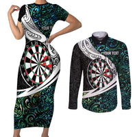 Personalized NZ Darts Couples Matching Short Sleeve Bodycon Dress and Long Sleeve Button Shirt Paua Shell Maori Koru Whakairo LT7 Colorful - Polynesian Pride