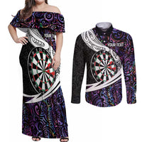 Personalized NZ Darts Couples Matching Off Shoulder Maxi Dress and Long Sleeve Button Shirt Paua Shell Maori Koru Whakairo - Purple LT7 Purple - Polynesian Pride
