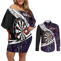 Personalized NZ Darts Couples Matching Off Shoulder Short Dress and Long Sleeve Button Shirt Paua Shell Maori Koru Whakairo - Purple LT7 Purple - Polynesian Pride