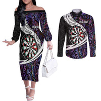 Personalized NZ Darts Couples Matching Off The Shoulder Long Sleeve Dress and Long Sleeve Button Shirt Paua Shell Maori Koru Whakairo - Purple LT7 Purple - Polynesian Pride
