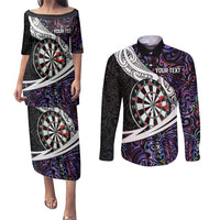 Personalized NZ Darts Couples Matching Puletasi and Long Sleeve Button Shirt Paua Shell Maori Koru Whakairo - Purple LT7 Purple - Polynesian Pride