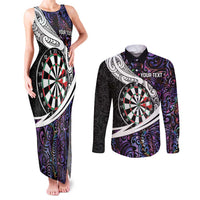Personalized NZ Darts Couples Matching Tank Maxi Dress and Long Sleeve Button Shirt Paua Shell Maori Koru Whakairo - Purple LT7 Purple - Polynesian Pride