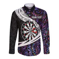 Personalized NZ Darts Long Sleeve Button Shirt Paua Shell Maori Koru Whakairo - Purple LT7 Unisex Purple - Polynesian Pride