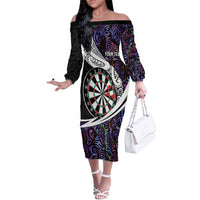 Personalized NZ Darts Off The Shoulder Long Sleeve Dress Paua Shell Maori Koru Whakairo - Purple LT7 Women Purple - Polynesian Pride
