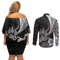 Personalised Polynesian Couples Matching Off Shoulder Short Dress and Long Sleeve Button Shirts Bulldog With Polynesian Patterns LT7 - Polynesian Pride