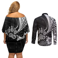 Personalised Polynesian Couples Matching Off Shoulder Short Dress and Long Sleeve Button Shirts Bulldog With Polynesian Patterns LT7 - Polynesian Pride