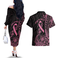 Polynesian Pink Power Couples Matching Off The Shoulder Long Sleeve Dress and Hawaiian Shirt Breast Cancer Ribbon Turtle and Flowers