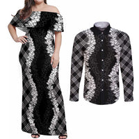 Hawaii Aloha Plumeria Lei Black Palaka Couples Matching Off Shoulder Maxi Dress and Long Sleeve Button Shirt - Polynesian Pride