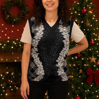 Hawaii Aloha Plumeria Lei Black Palaka Christmas Knitted V-Neck Vest - Polynesian Pride