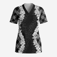 Hawaii Aloha Plumeria Lei Black Palaka Scrub Top - Polynesian Pride