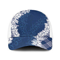 Hawaii Aloha Plumeria Lei Navy Palaka Baseball Net Cap LT7 One Size White Navy Blue - Polynesian Pride