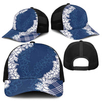 Hawaii Aloha Plumeria Lei Navy Palaka Baseball Net Cap - Polynesian Pride