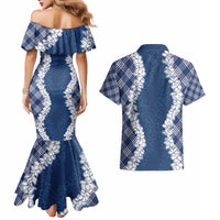 Hawaii Aloha Plumeria Lei Navy Palaka Couples Matching Mermaid Dress and Hawaiian Shirt - Polynesian Pride