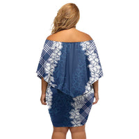 Hawaii Aloha Plumeria Lei Navy Palaka Family Matching Off Shoulder Short Dress and Hawaiian Shirt - Polynesian Pride