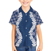 Hawaii Aloha Plumeria Lei Navy Palaka Family Matching Puletasi and Hawaiian Shirt LT7 Son's Shirt Navy Blue - Polynesian Pride