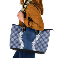 Hawaii Aloha Plumeria Lei Navy Palaka Leather Tote Bag LT7 Navy Blue - Polynesian Pride