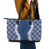 Hawaii Aloha Plumeria Lei Navy Palaka Leather Tote Bag LT7 - Polynesian Pride