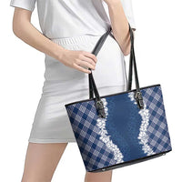 Hawaii Aloha Plumeria Lei Navy Palaka Leather Tote Bag LT7 - Polynesian Pride