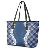 Hawaii Aloha Plumeria Lei Navy Palaka Leather Tote Bag LT7 - Polynesian Pride