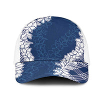 Hawaii Aloha Plumeria Lei Navy Palaka Mesh Trucker Cap LT7 One Size White Navy Blue - Polynesian Pride