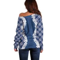 Hawaii Aloha Plumeria Lei Navy Palaka Off Shoulder Sweater - Polynesian Pride