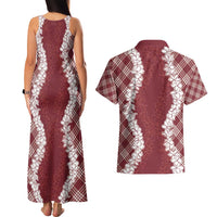 Hawaii Aloha Plumeria Lei Scarlet Palaka Couples Matching Tank Maxi Dress and Hawaiian Shirt - Polynesian Pride
