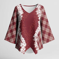 Hawaii Aloha Plumeria Lei Scarlet Palaka Kimono Sleeve Blouse LT7 Female Scarlet - Polynesian Pride