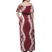 Hawaii Aloha Plumeria Lei Scarlet Palaka Off Shoulder Maxi Dress - Polynesian Pride