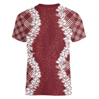 Hawaii Aloha Plumeria Lei Scarlet Palaka Women V-Neck T-Shirt - Polynesian Pride