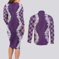 Hawaii Aloha Plumeria Lei Violet Palaka Couples Matching Long Sleeve Bodycon Dress and Long Sleeve Button Shirt - Polynesian Pride