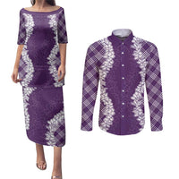 Hawaii Aloha Plumeria Lei Violet Palaka Couples Matching Puletasi and Long Sleeve Button Shirt LT7 Violet - Polynesian Pride