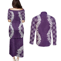 Hawaii Aloha Plumeria Lei Violet Palaka Couples Matching Puletasi and Long Sleeve Button Shirt LT7 - Polynesian Pride