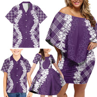 Hawaii Aloha Plumeria Lei Violet Palaka Family Matching Off Shoulder Short Dress and Hawaiian Shirt - Polynesian Pride