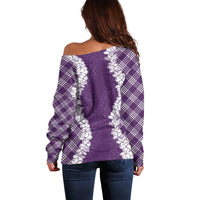 Hawaii Aloha Plumeria Lei Violet Palaka Off Shoulder Sweater - Polynesian Pride