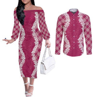 Hawaii Aloha Plumeria Lei Fuschia Palaka Couples Matching Off The Shoulder Long Sleeve Dress and Long Sleeve Button Shirt - Polynesian Pride